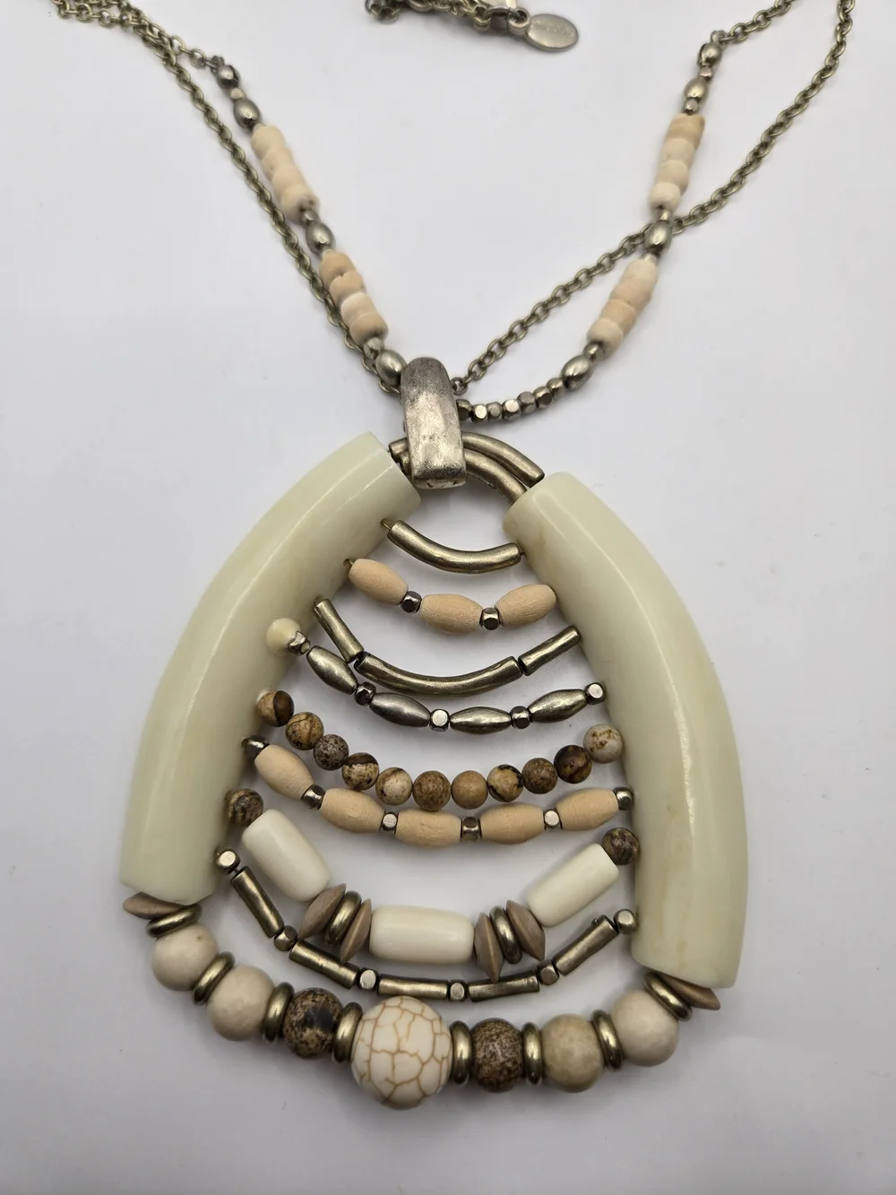 Chico's Long Cream Tan Silver Multi-Bead Pendant Necklace Tribal Ethnic Boho
